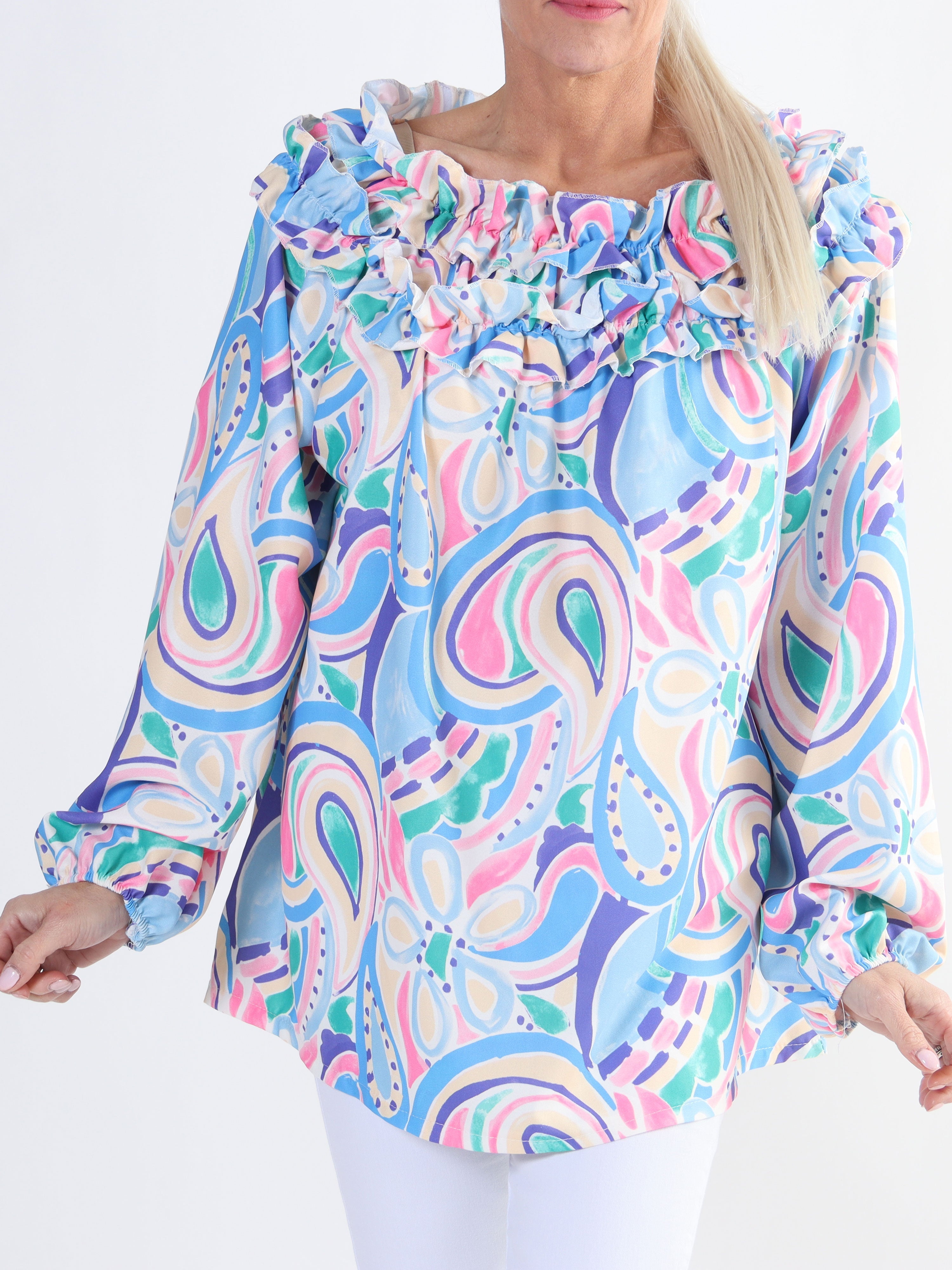 Chili Pattern - Långärmad mönstrad tunika med volanger för stora storlekar